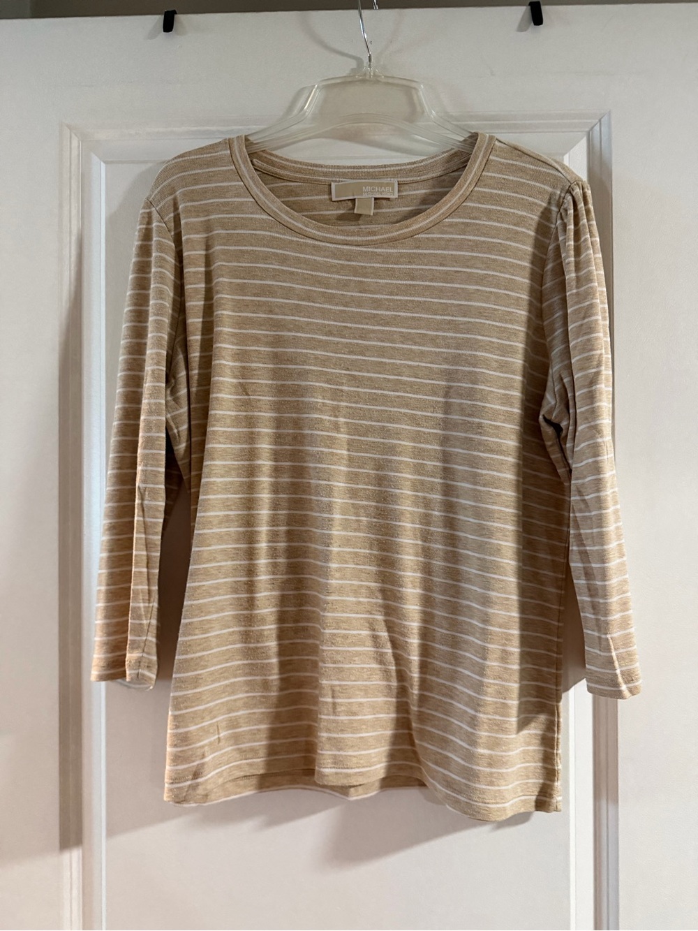 Michael Kors Beige and White Striped Long-Sleeve Crewneck Top